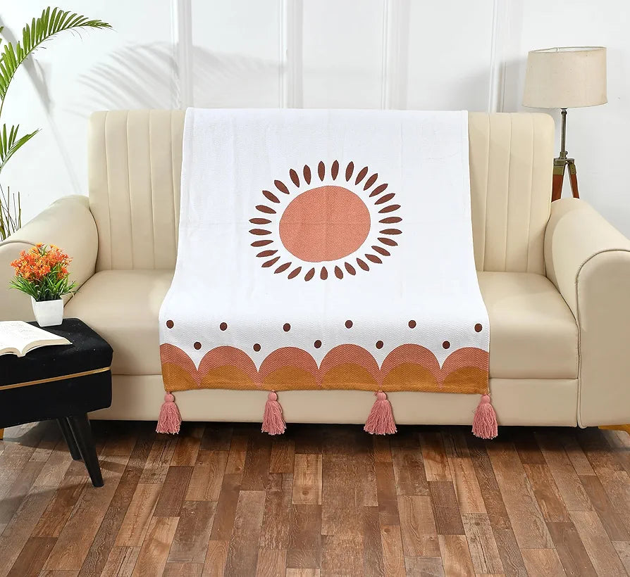 Sashaa World Printed Cotton Throw Colour Orange and Natural