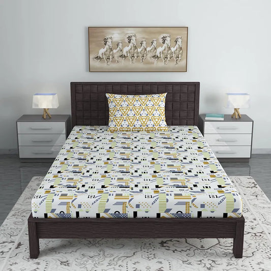 Divine Casa 144 TC Cotton Bedsheet for Single Bed with 1 Pillow Cover Colour Yellow & White