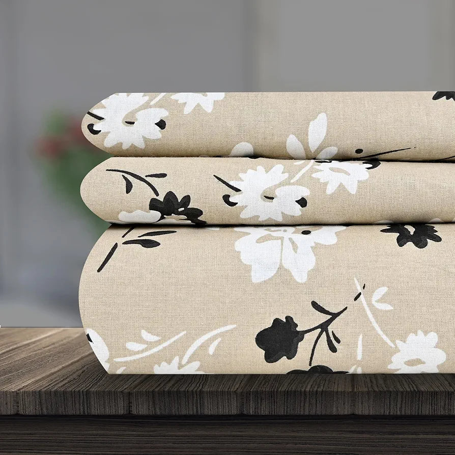 Divine Casa Bedsheet for Single Size Bed 144 TC Cotton Bedsheet for Single Size Bed with 1 Pillow Cover Floral Colour Beige Sunflower