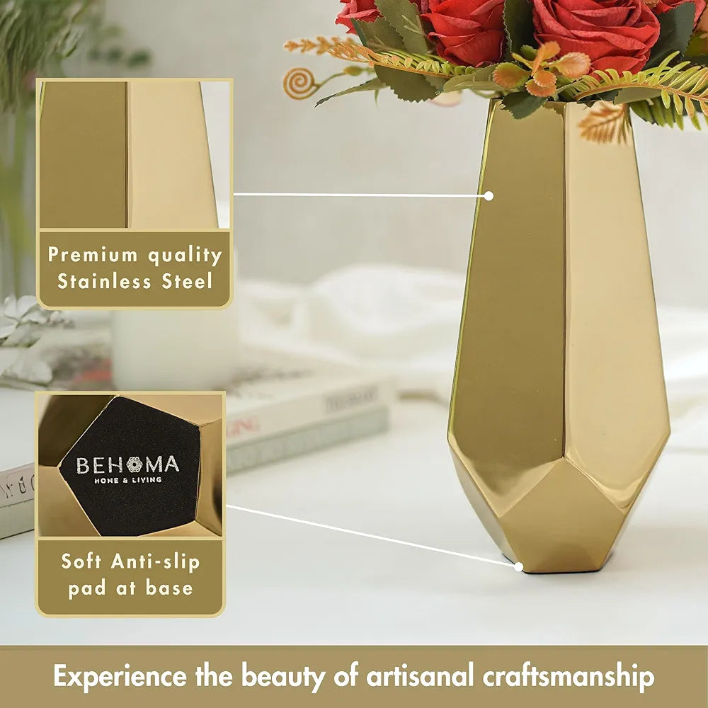 Behoma Designer Stainless Steel Prism Glow Flower Vase Golden Flowers not Included