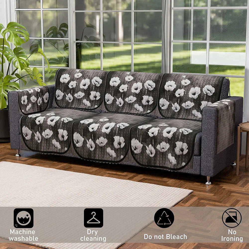 Kuber Industries Set of 16 Anti-Skid Sofa Cover 5-Seater with Arm Cover Lotus Print Green