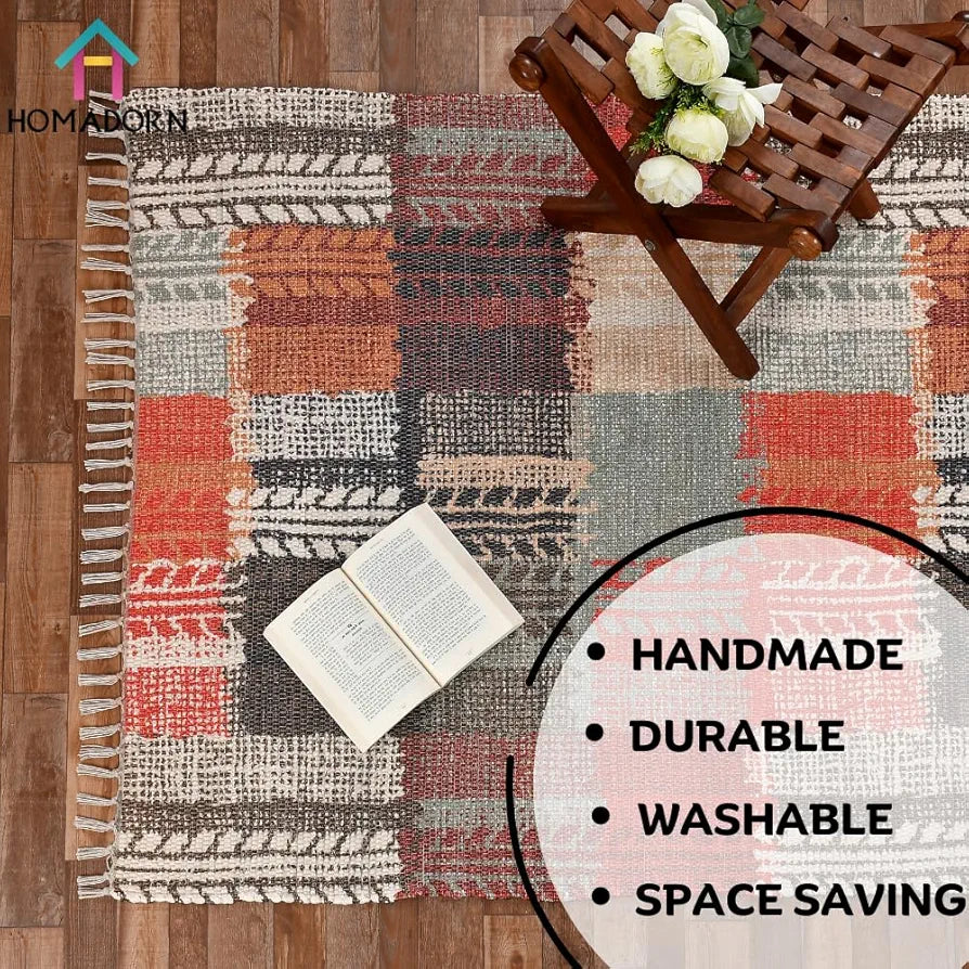 HomadornHandmade Sustainable Printed Modern Dhurrie/Rugs/Carpet Colour Multicolor 020