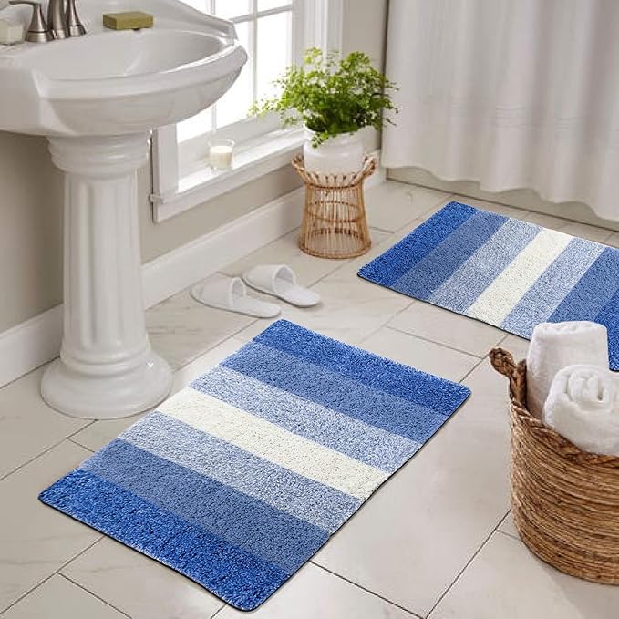 The Home Talk Cotton Stripes Bathmats Water Absorbent Runners Floor Mats Non-Slip Pack of 2 Beige Turquoise