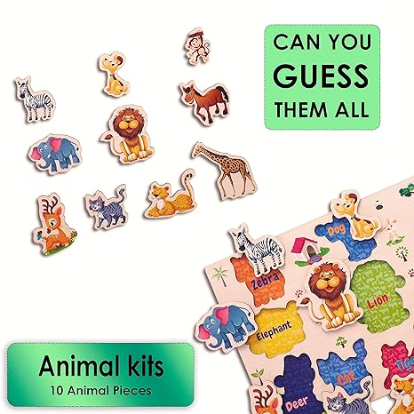Zudo Wooden Montessori Educational Pre School Puzzle Board Toy for Boys and Girls Wooden Animal