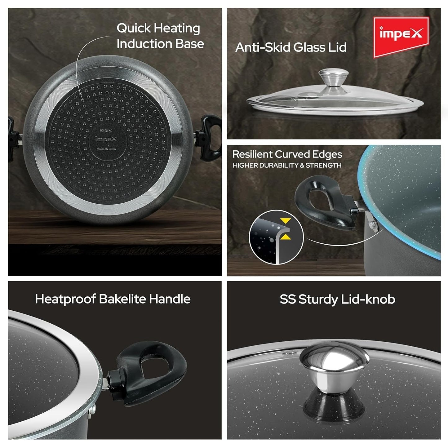Impex IBP10 10L Non-Stick Biryani Pot with RIB Granite Coating Induction Friendly Aluminium