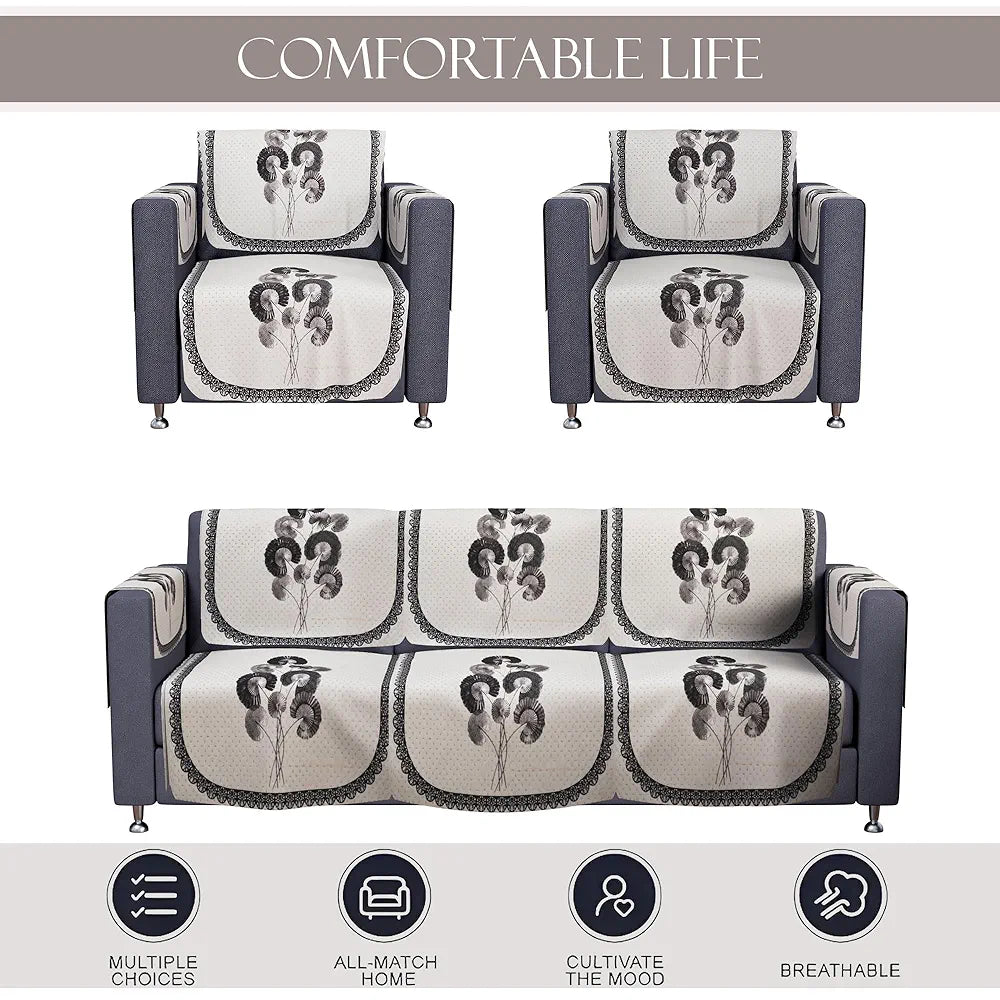 Kuber Industries Set of 16 Velvet Anti-Skid Sofa Cover 5-Seater with Arm Cover Digital Flower-Cream & Green