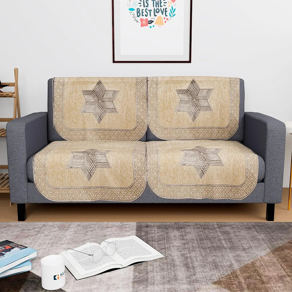 Kuber Industries Set of 4 Durable 2 Seater Sofa Cover for Living Room Star Print Cream & Brown