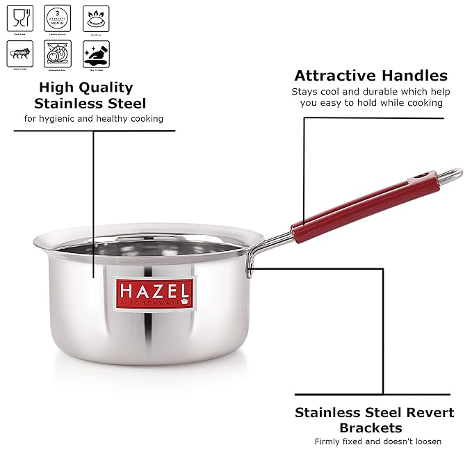 Hazel Stainless Steel Milk Saucepan Tea Pan with Fixed Rubber Grip Handle 1000 Ml Silver