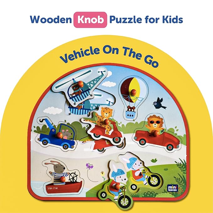 Mini Leaves Vehicles on the Go Wooden Pegged Puzzle for 2+ Years Kids | Montessori Wooden Toys | Shape Sorter