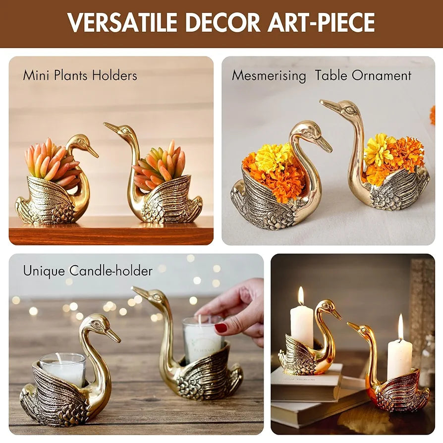 BEHOMA Aluminium Pair of Swans for Good Luck and Love | Candle Holder for Home| Showpiece for Gifting Anniversary Valentine's Day , Gold,13.5L x 7.5W x 14H Centimeters