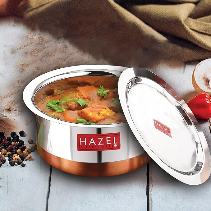 Hazel Steel Copper Bottom Tope with Lid 2400 ml Copper Bottom Vessels for Cooking Copper Bottom