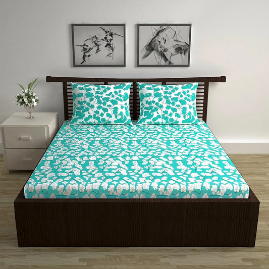 Divine Casa 144 TC Super Soft Cotton Bedsheet for Double Bed 144 Thread Count - Floral Colour Teal & White