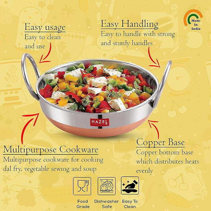 Hazel Stainless Steel Kadai with Copper Bottom 1.5 litres Steel Kadai