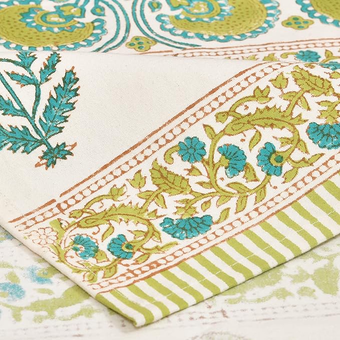 Blocks Of India Cotton Hand Block Printed Table Runner for Center Dining Table Green Motifs
