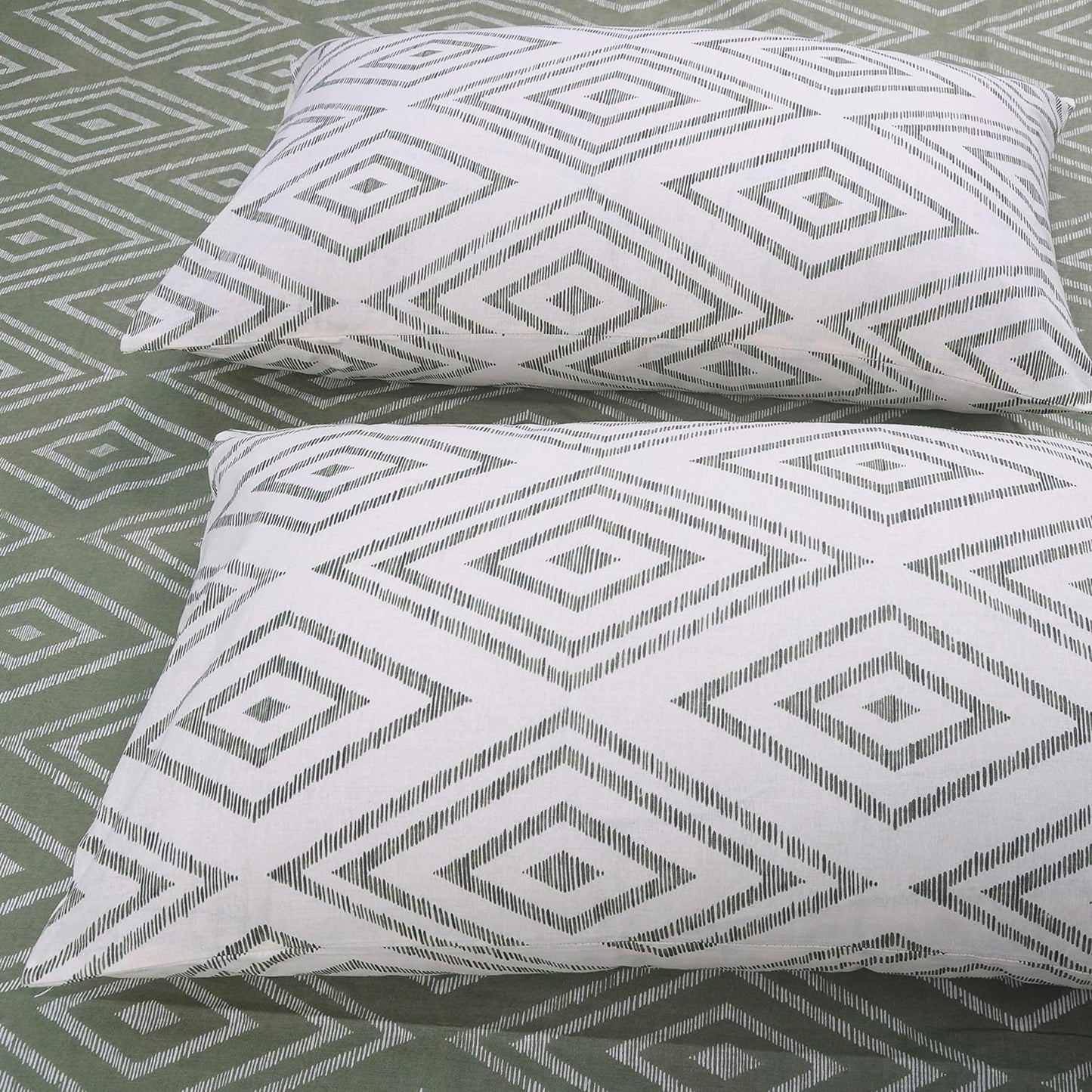 Huesland by Ahmedabad Cotton 144 TC Cotton Pillow Covers Set of 2 | Sage Green & White
