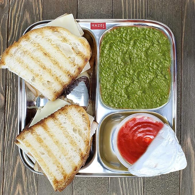 Hazel Pav Bhaji Plates for Restaurant Small Stainless Steel Compartment Plate 3 in 1 Mess Plate Steel