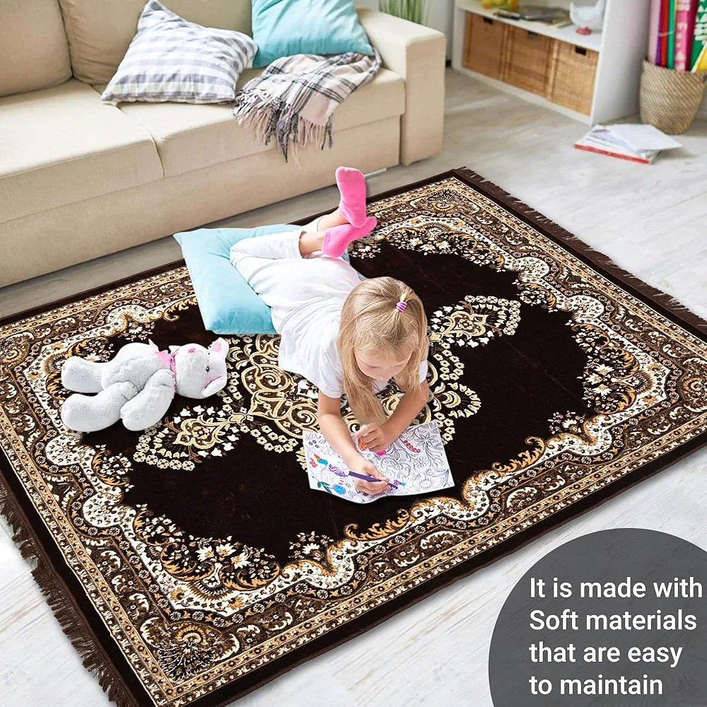 Kuber Industries 5x7 Feet Carpets for Living Room Machine Washable Bedside Floor Rugs Mat for Bedroom Floral Print Premium Cream & Brown
