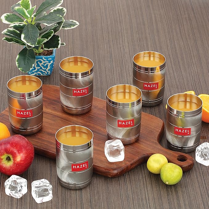 Hazel Stainless Steel Drinking Glasses 350 ml Unbreakable Glass Set with Glossy Finish Design & Dishwasher Safe Set of 6