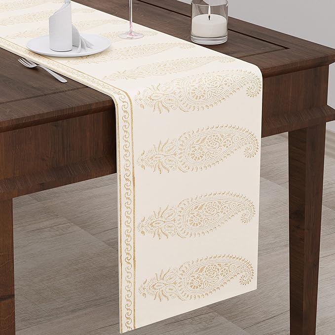 Blocks Of India Hand Block Printed Cotton Table Runner for Center Dining Table Golden Paisley