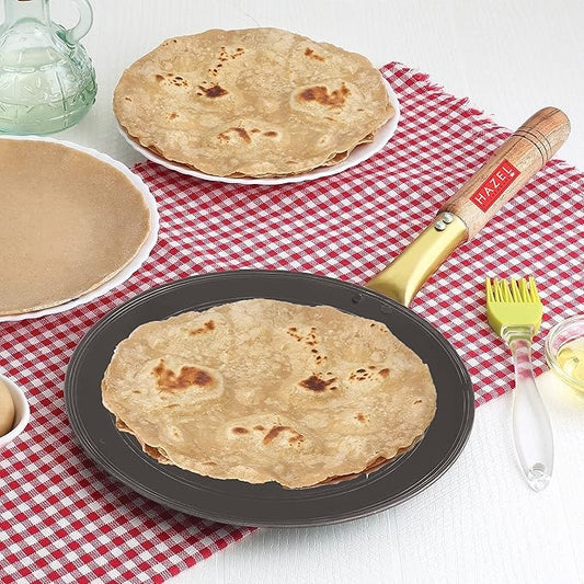 Hazel Iron Tawa with Wooden Handle Grip 24.5 Daimeter Lokhand Loha Pan