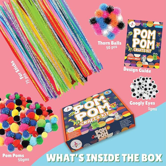 Kalakaram Diy Pom Pom Craft Kit for Kids | Create Adorable Pom Pom Crafts Using Pom Pom Balls | Pack of 250+ Pieces | Diy Kit for Kids