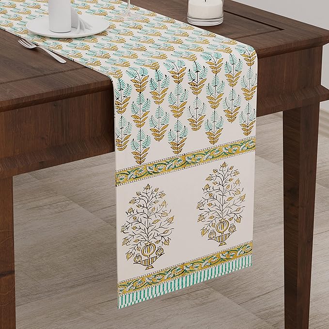 Blocks Of India Hand Block Printed Cotton Table Runner for Center Dining Table Mughal Buta