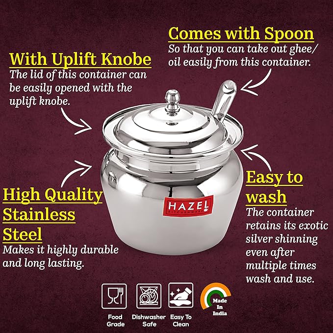 Hazel Stainless Steel Oil And Ghee Container With Spoon For Kitchen 300 Ml Capacity Multipurpose Oil Container
