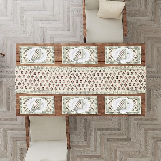 Blocks Of India Hand Block Printed Cotton Table Runner Mat and Napkin Set for Center Pink Grey Buti