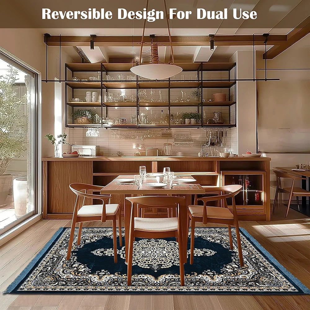 Kuber Industries 5x7 Feet Carpets for Living Room Machine Washable Bedside Floor Rugs Premium Mat Navy & Sea Blue