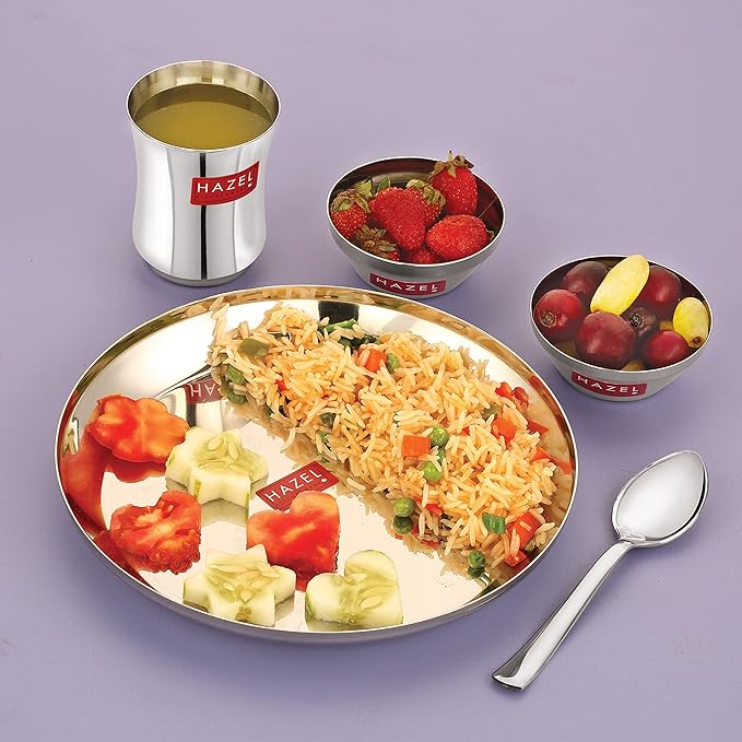 Hazel Stainless Steel Dinner Set for Kids Baby Dinner Set Combo of Steel Plate Glass Bowl & Spoon