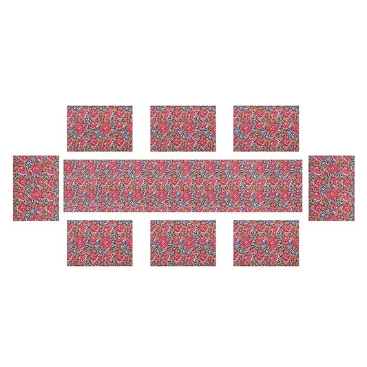 Texstylers Cotton Canvas Block Printed Jaipuri Rajasthani 1 Table Runner and 8 Placemat Set Mustard Red