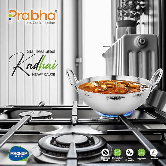 Prabha Stainless Steel Hammered Finish Heavy Gauge Kadhai, Kitchen Wok with 5.8L Capacity 320 mm