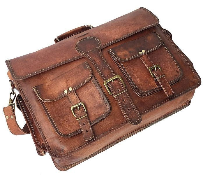 Craftshades – 11*15 Inch Double Pocket Handcrafted Vintage Messenger Goat Leather Bag For Men | 100% Genuine Leather