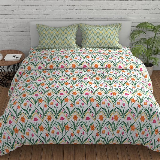 Huesland by Ahmedabad Cotton 144 TC Bedsheet for King Size Bed with 2 Pillow Covers | Botanical Chevron | Green, Yellow & White