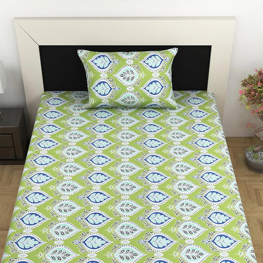 Divine Casa Bedsheet for Single Size Bed 144 TC Cotton Bedsheet for Single Size Bed with 1 Pillow Cover Floral Colour Palm Green