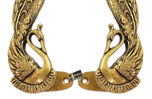 Two Moustaches Peacock Design 7 Inches Brass Door Handle Pair - Antique Yellow Standard