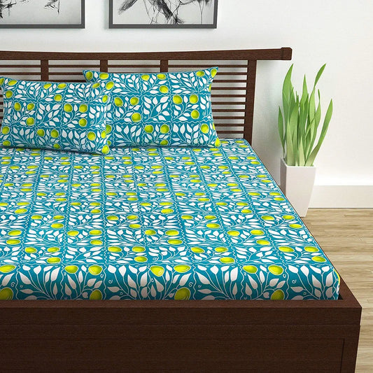 Divine Casa 144 TC 100% Cotton Bedsheet for Double Bed with 2 Pillow Cover Colour Teal & Yellow