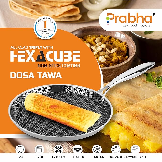Prabha Tri-Ply Stainless Steel Non Stick Coating Hexa Cube Dosa Tawa 30 cm