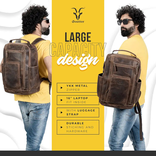 Goatter 24 Ltrs Men's Hunter Leather Backpack For 16 Laptop Travel Hiking Camping Rucksack - Brown