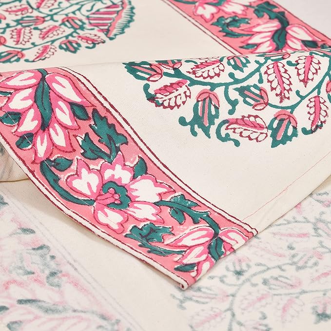 Blocks Of India Hand Block Printed Cotton Table Runner For Center Dining Table Pink & Peach Paisley Large