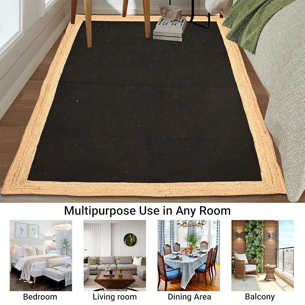 Kuber Industries 5x7 Feet Reversible Carpets for Living Room Machine Washable Border Black & Beige