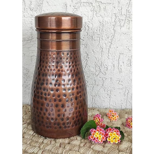 Indian Art Villa Pure Copper Bedroom Water Bottle With Inbuilt Glass Hammered Antique Design