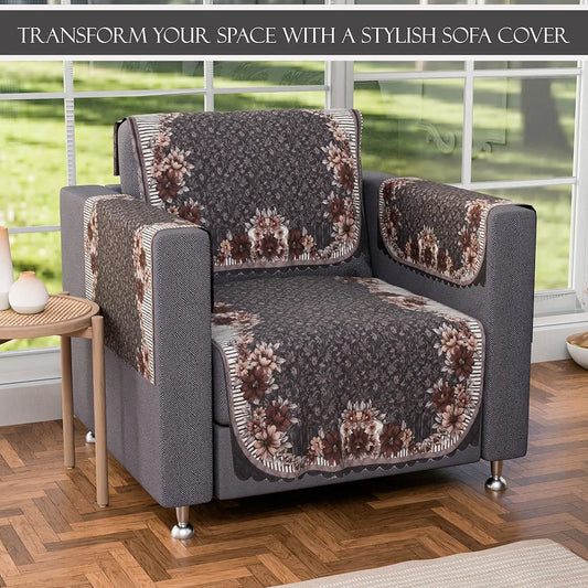 Kuber Industries Set of 16 Anti-Skid Sofa Cover 5-Seater with Arm Cover Floral Print Dark Olive Green