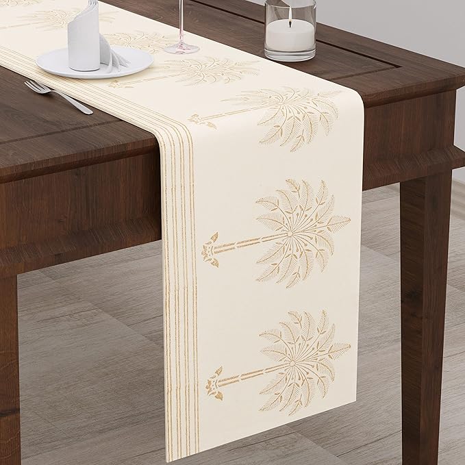 Blocks Of India Printed Cotton Table Runner for Center Dining Table Gold Pine Tree