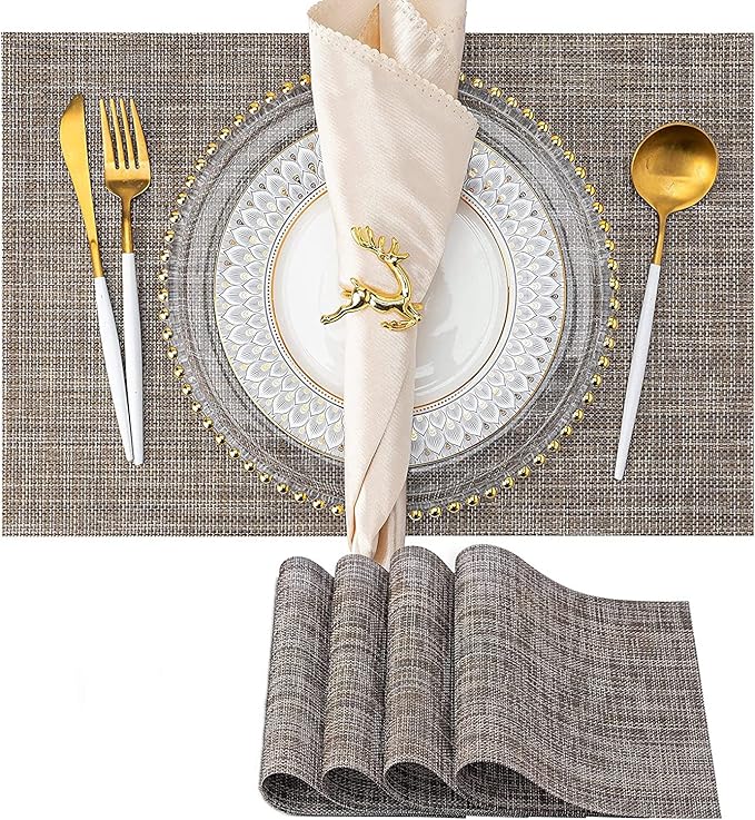 Spatlus Place Mats PVC Set Table Placemats Set Heat Insulation Top Dining Table Brown Set of 4