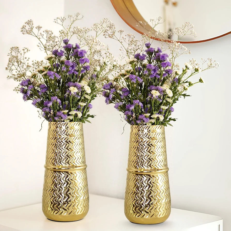 Behoma Metal Arrow Engrave Vase Golden Set of 2 Pcs Flowers not Included