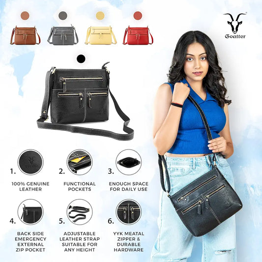 Goatter Genuine Soft Leather Multi Pocket 10" Inch Sling Cross-BodyBag for Girls And Women,