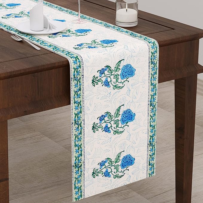 Blocks Of India Hand Block Printed Cotton Table Runner For Center Dining Table Blue Motifs Large