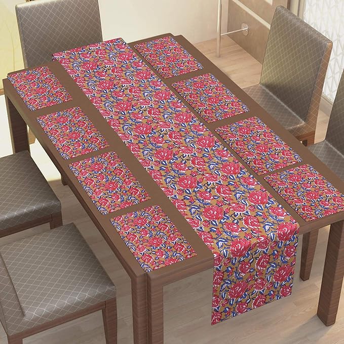 Texstylers Cotton Canvas Block Printed Jaipuri Rajasthani 1 Table Runner and 8 Placemat Set Mustard Red
