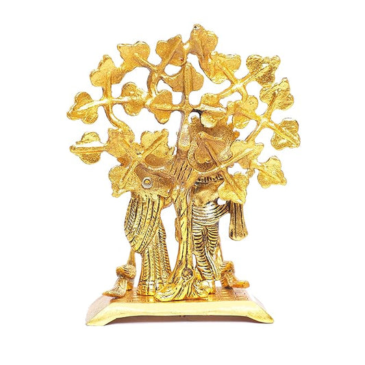 KridayKraft Radha Krishna Standing Playing Flute Under Tree idol Metal Statue Gold